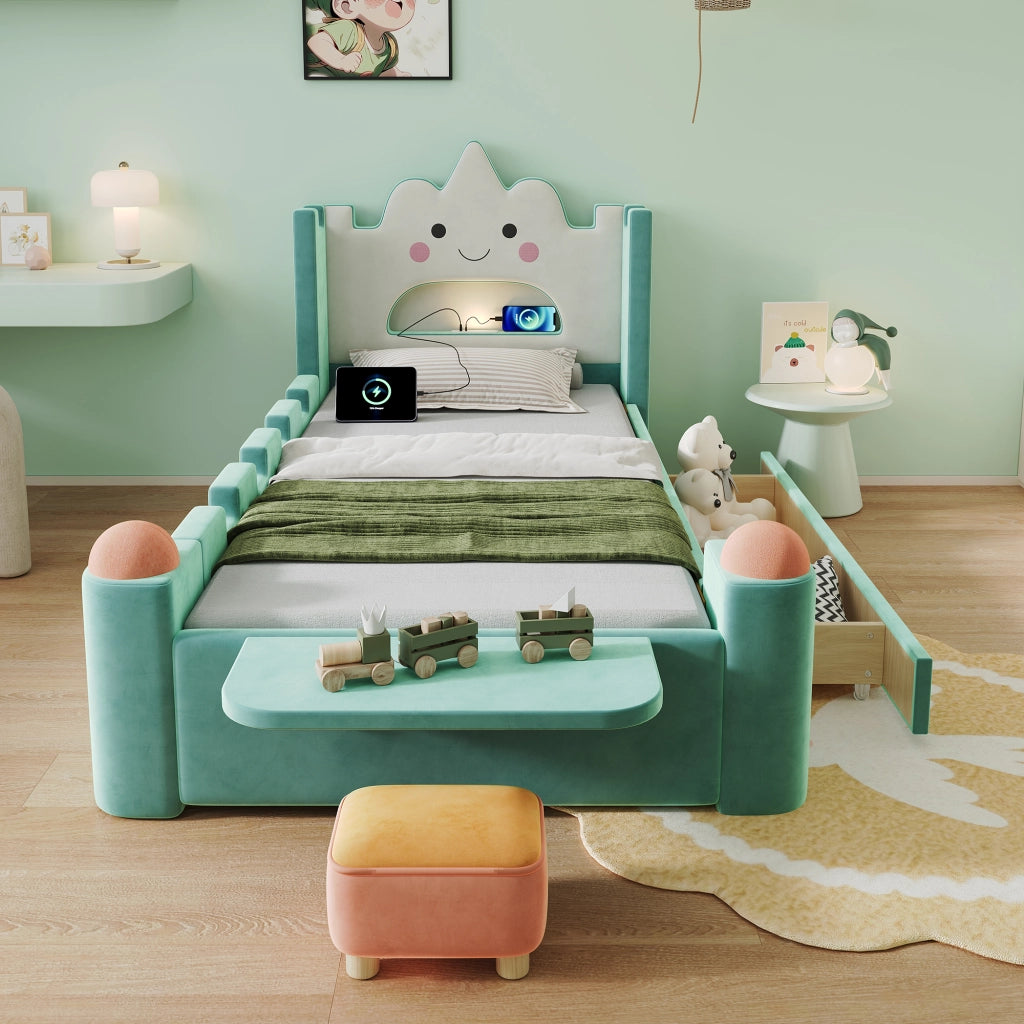 Letto con Sponda 90x200 cm; Letto Singolo - USB; Lampada e Cassetto - Blu Verde
