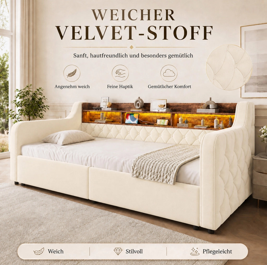 Letto singolo imbottito 90x190 cm con contenitore, LED integrato, porte USB e Type-C, testiera con ripiani e 2 cassetti beige