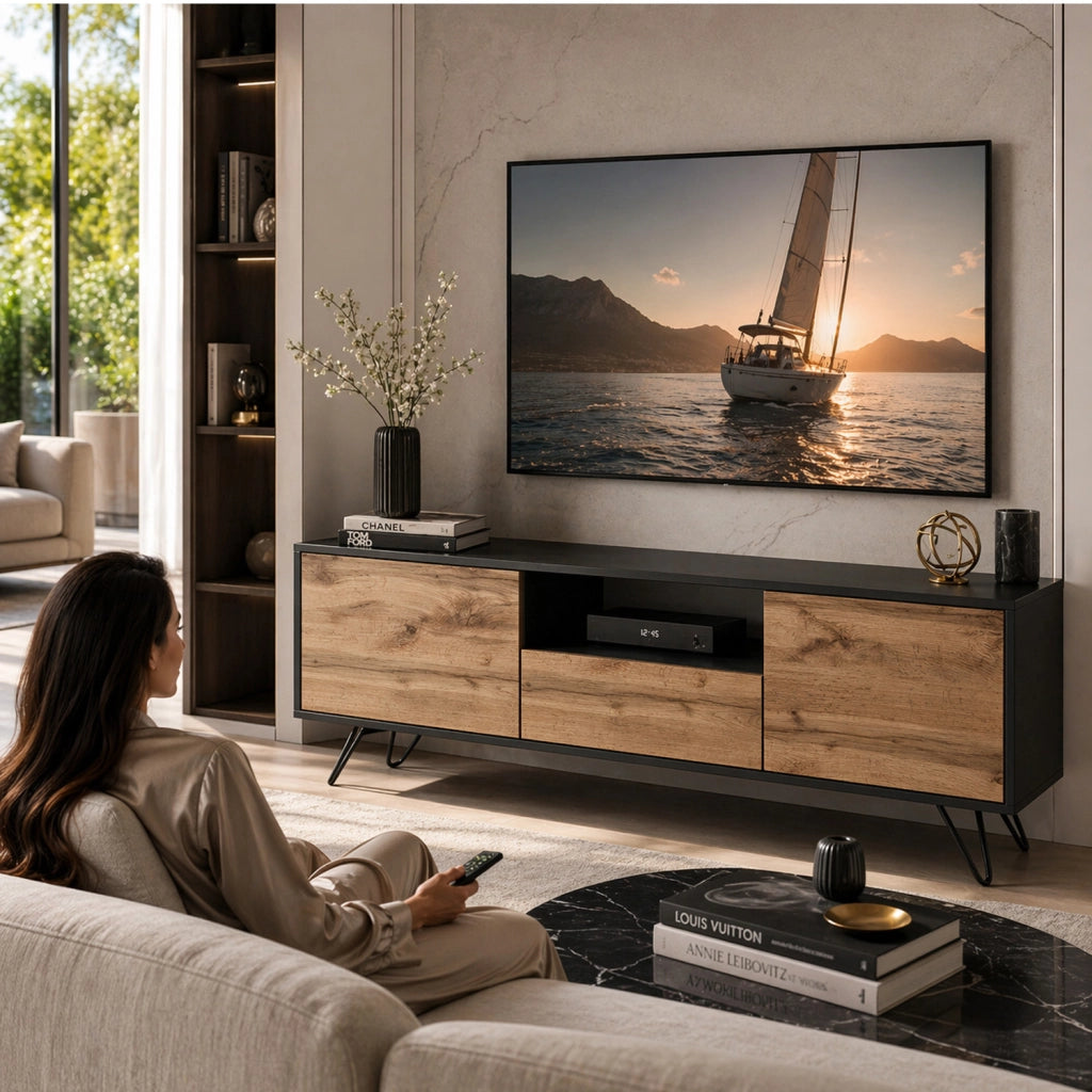 Mobile TV Con 2 Ante Battenti Anta A Ribalta E Vano A Giorno Design Minimal Moderno Per Soggiorno Salotto Sala Da Pranzo E Zona Living 137 x 52 x 33 cm Nero E Rovere
