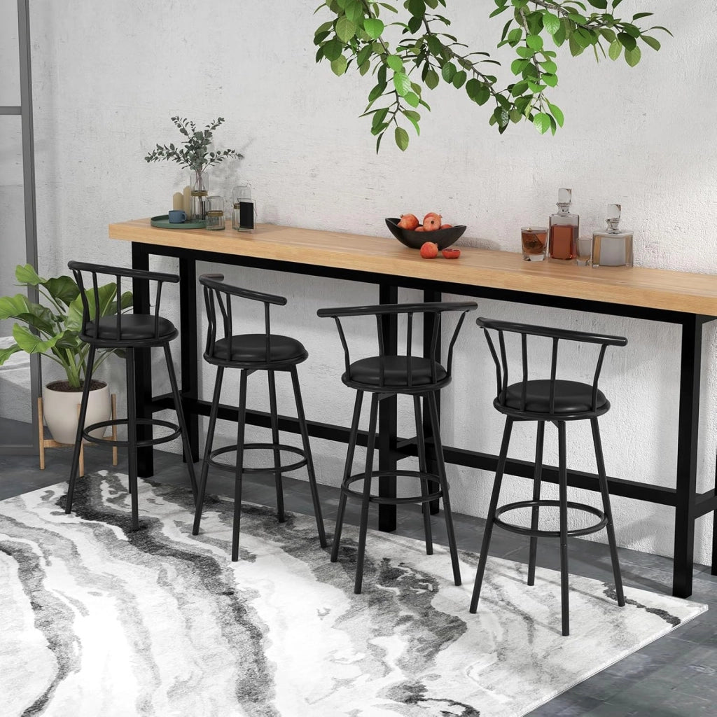Set di 2 Sgabelli da Bar con Schienale e Poggiapiedi,Sgabelli Cucina, Bar,Soggiorno,Rotondi, 55 X56x101,5 cm, Nero Pelle (con poggiapiedi e schienale)