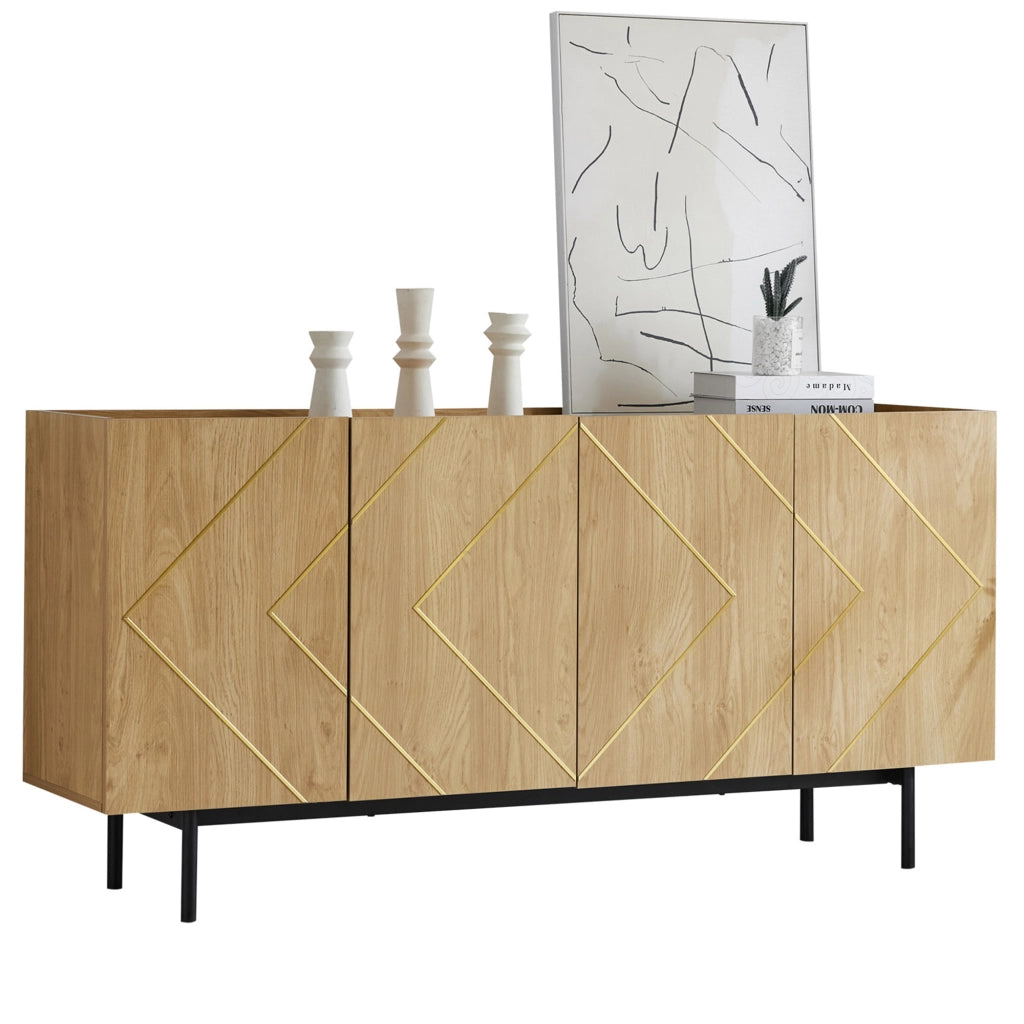 Credenza da soggiorno con 4 ante e inserti metallici, finitura naturale, 160 x 40 x 78 cm