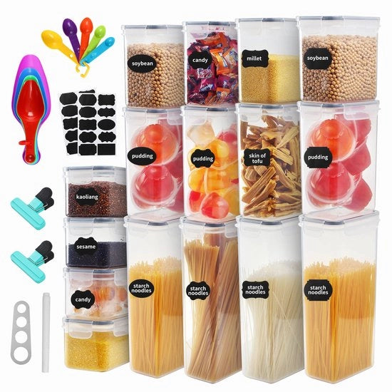Set di 16 scatole a chiusura ermetica con coperchio, scatole per archiviazione, scatole a chiusura ermetica per la cucina, adatte per il contenimento di cereali, farine, snack, cibo per animali, ecc.