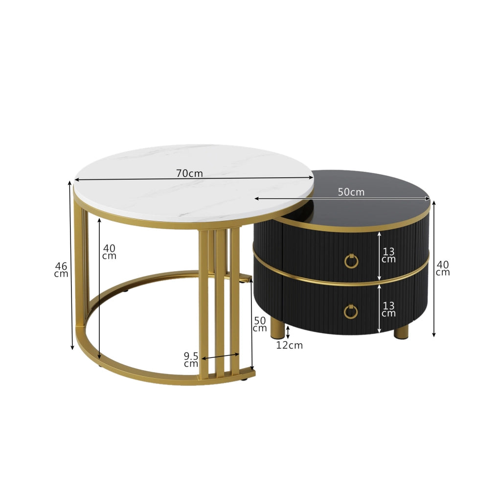 Set 2 tavolini da caffè rotondi 70x70x46 + 50x50x40 cm nero e oro con 2 cassetti, MDF