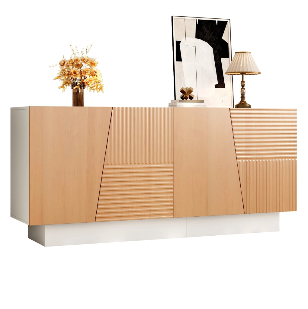 Sideboard bianco e naturale in PB e MDF con 4 ante e ripiani regolabili, 160x40,5x72 cm