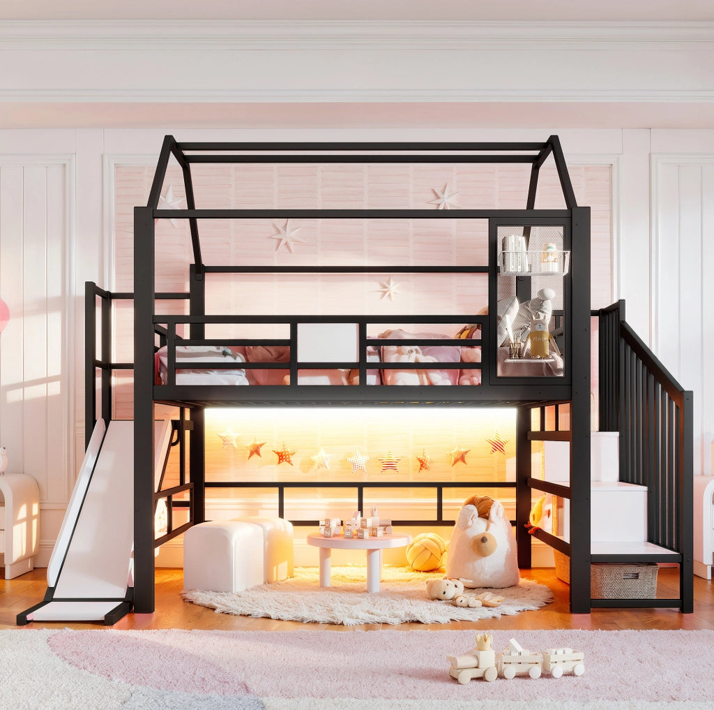Letto a soppalco per bambini 140x200 cm a casetta con scivolo; scala e LED Bluetooth nero HOMVRA