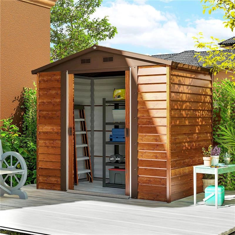 CASETTA DA GIARDINO PORTA ATTREZZI CON PORTE SCORREVOLI E PARETI EFFETTO LEGNO, 2.3X1.5X2 M, MARRONE