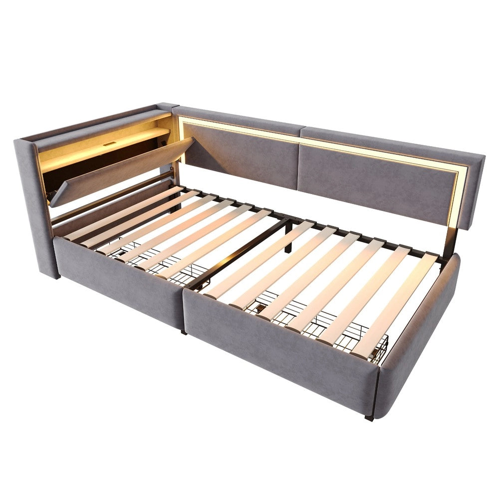 Letto Imbottito con LED, USB e Cassetto ¨C Xylo ¨C Velluto Grigio Scuro 90x200