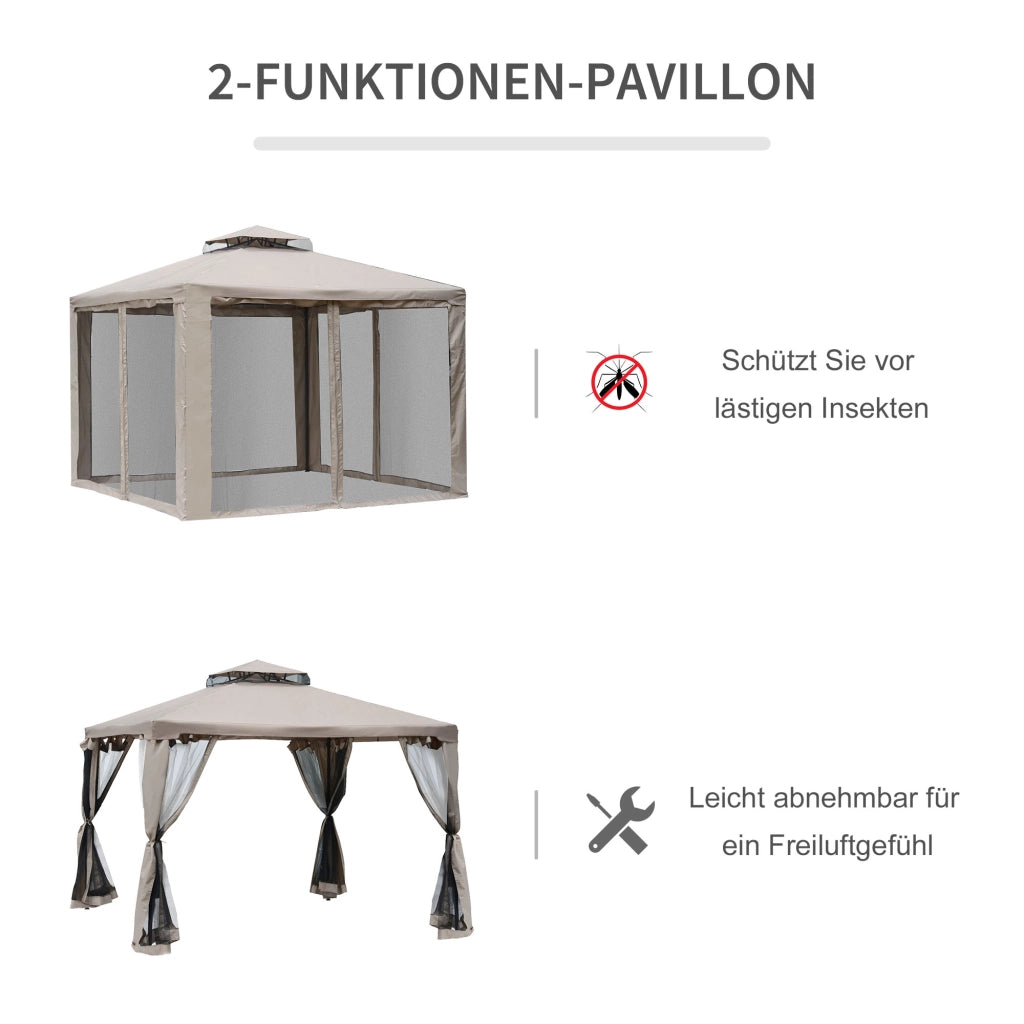 Gazebo Da Giardino Con 4 Pareti Laterali 294 X 294 X 265 Cm Poliestere Grigio Per Feste Outdoor Con Doppio Tetto