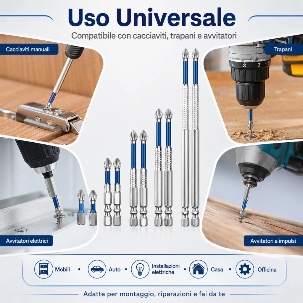 Set 10 Punte Magnetiche Per Cacciavite Trapano Avvitatore  25-150 mm in Acciaio