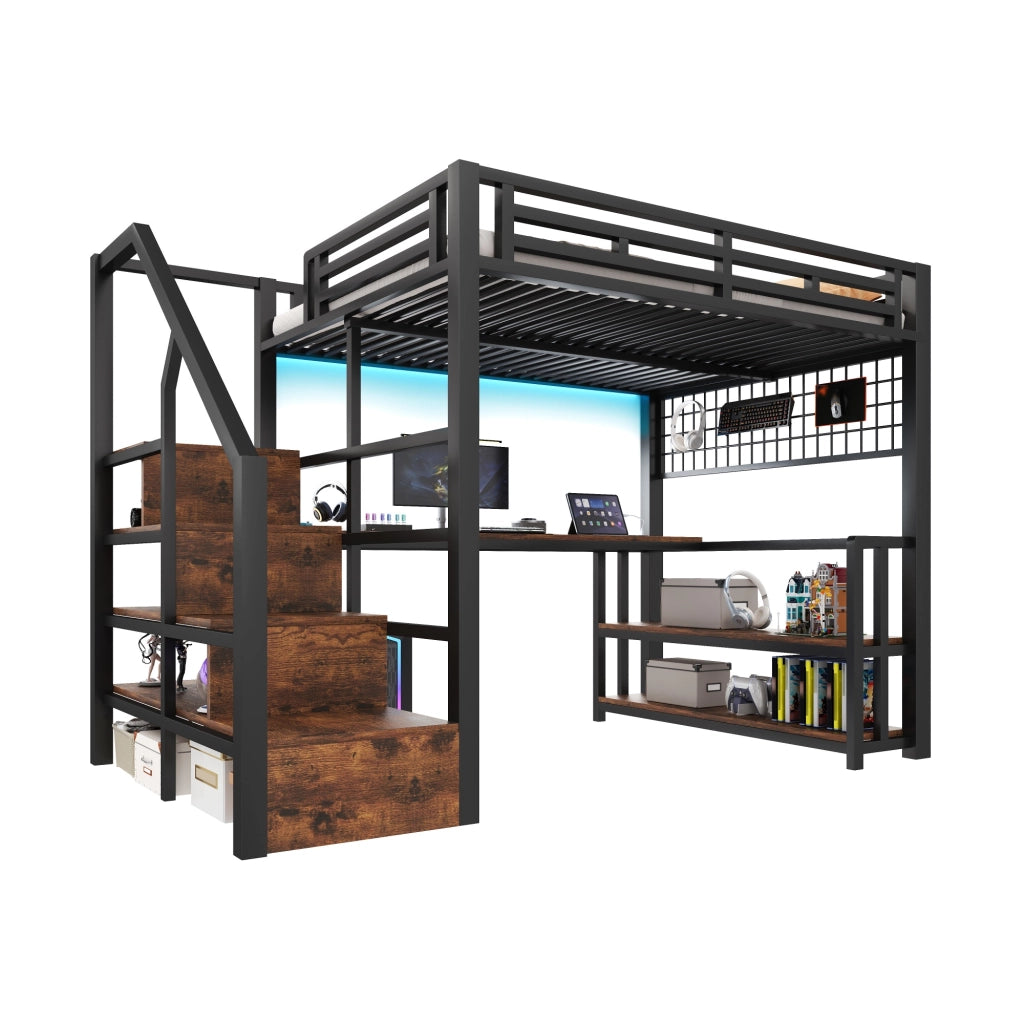 LETTO a soppalco 140x200 cm in metallo nero con scrivania, scaffale, LED e USB