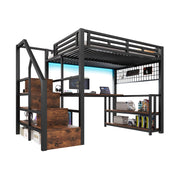 LETTO a soppalco 140x200 cm in metallo nero con scrivania, scaffale, LED e USB