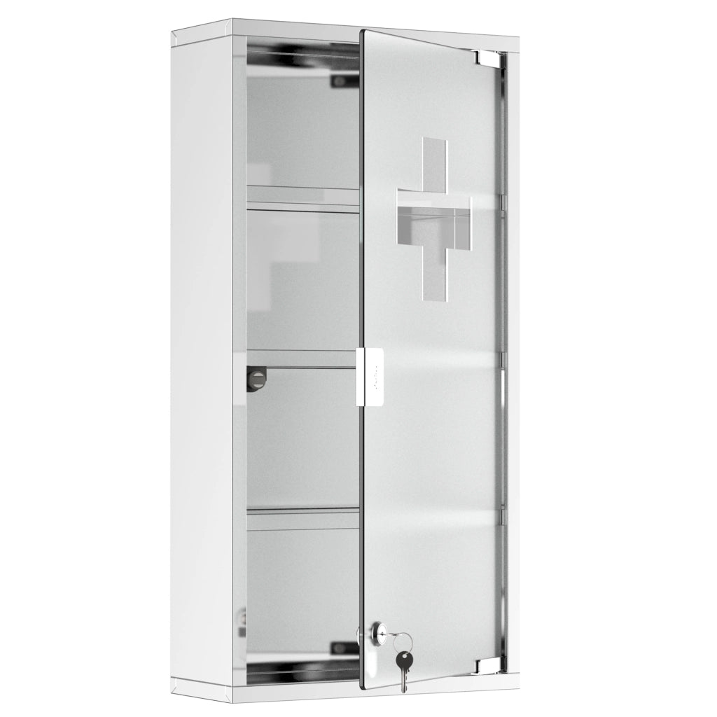 Armadietto da bagno con serratura in acciaio inox e vetro satinato per medicinali, per bagno, argento, 30 × 12 × 60 cm