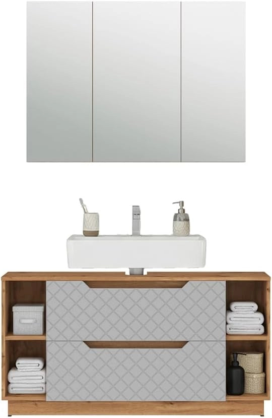 Set di mobili da bagno Lotta, Rovere/grigio con struttura in piastrelle, 2 parti
