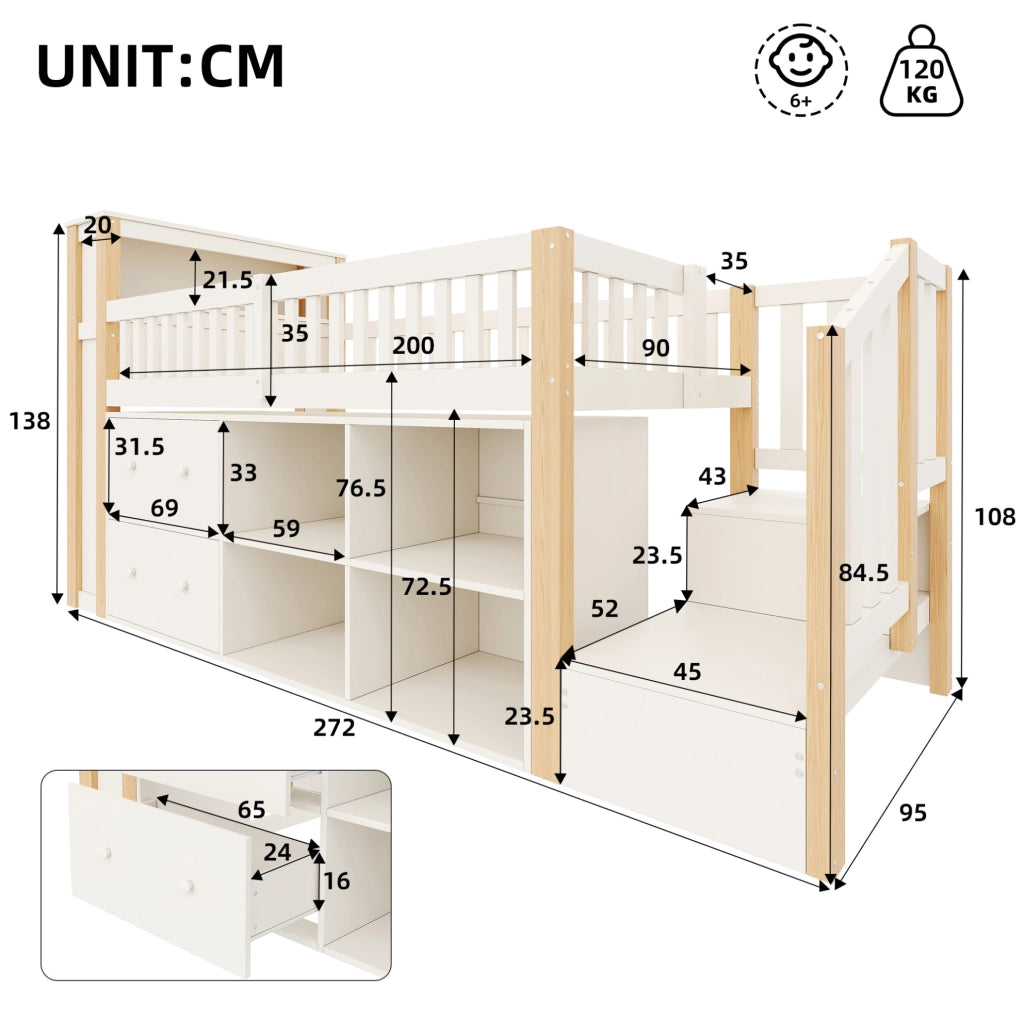 Letto a soppalco 90x200 cm con scala; vani contenitore; LED e porte USB; naturale