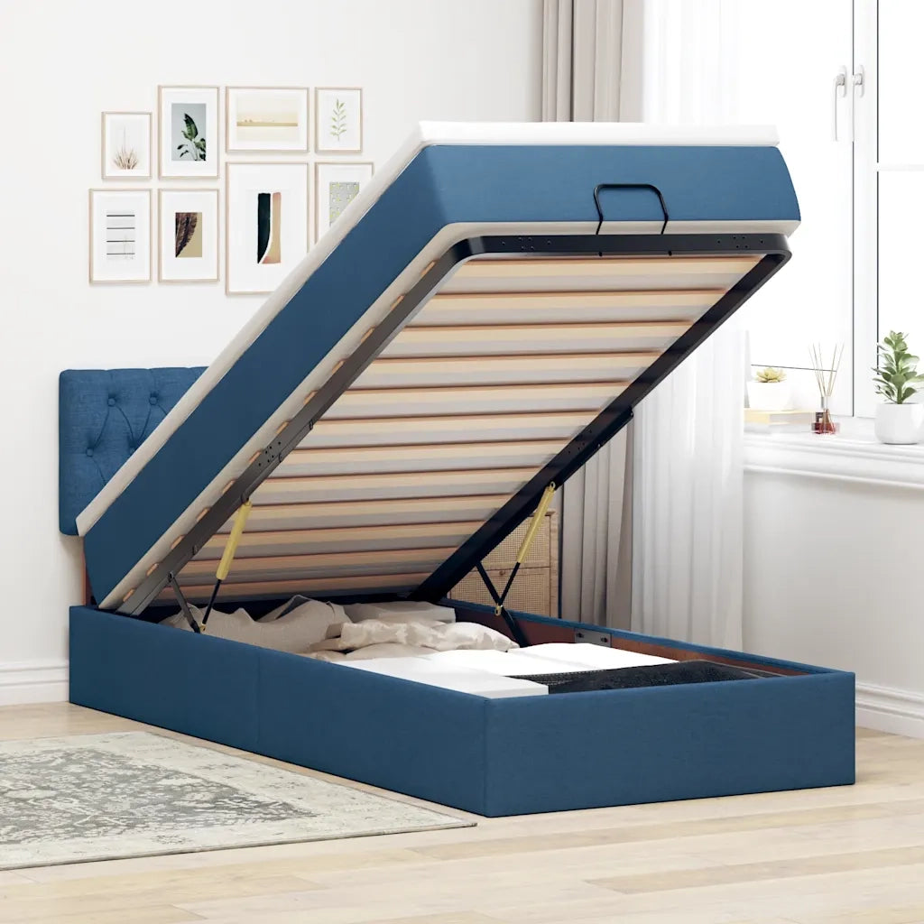 Struttura Letto Pouf con Materasso Blu 90x190 cm in Tessuto 3312359