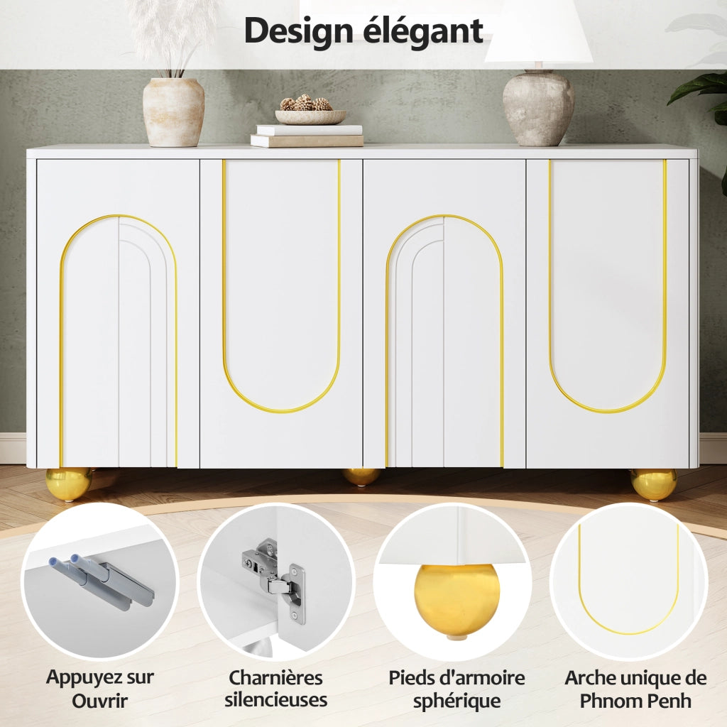Credenza a 4 ante con rilievo dorato ad arco; 2 vani con ripiani; per soggiorno e sala da pranzo; 140 × 40 × 74 cm
