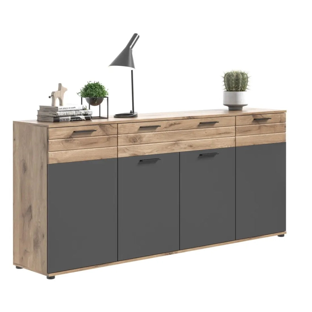 Buffet 4 porte, 4 cassetti – Grigio antracite e rovere chiaro – SELMA