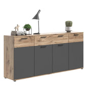 Buffet 4 porte, 4 cassetti – Grigio antracite e rovere chiaro – SELMA