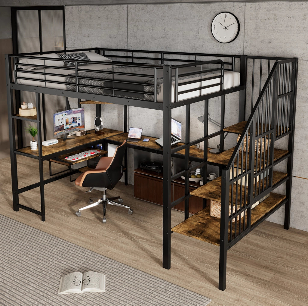 Letto a soppalco 120x200 cm con scrivania, scala ad angolo e porta di ricarica