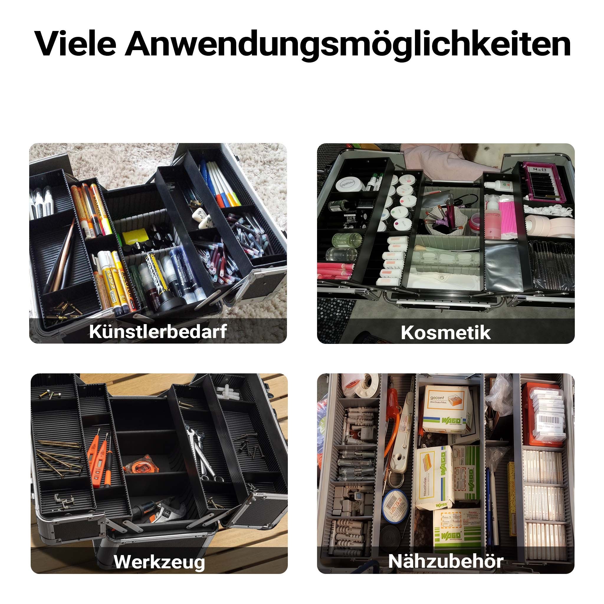 Cassetta attrezzi vuota in alluminio con 2 chiavi, valigetta universale per attrezzi 35,5 x 24 x 22,5 cm, hobby, lavoro, cassetta portautensili con separatori,