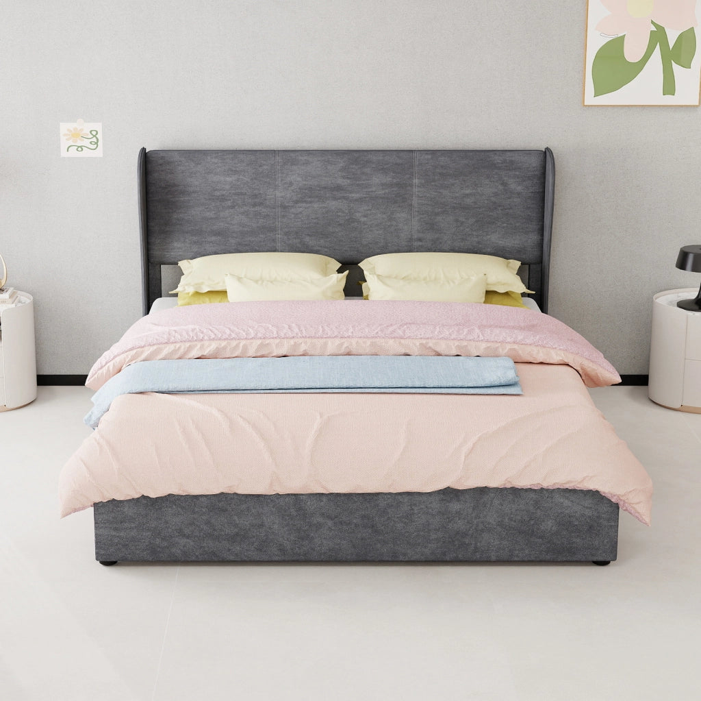 Letto imbottito 160 x 200 cm con testiera in tessuto grigio