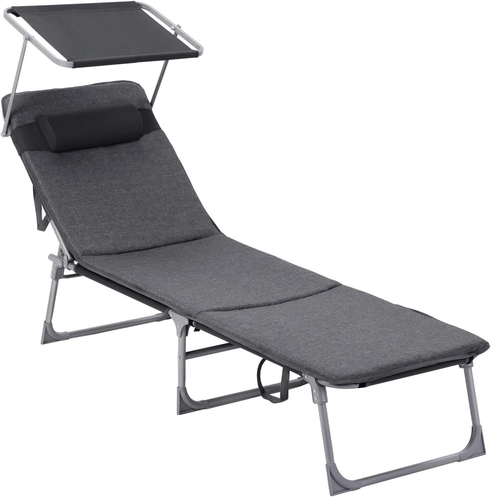 SONGMICS Sedia a sdraio, lettino per il relax, con materasso da 3 cm, cuscino, schienale e ombrellone reclinabili, pieghevole, 53 x 193 x 29,5 cm, carico 150 kg, per giardino, nero GCB193B01