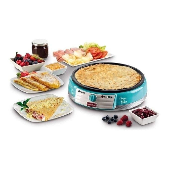 Ariete 202 Crepes Maker Party Time - Piastra per Crepes antiaderente - 2 spatole in legno - ricettario - 1000 W - Azzurro