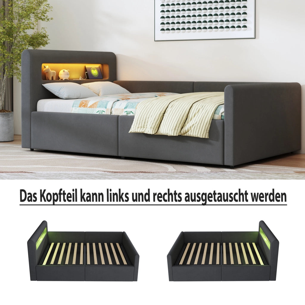 Letto imbottito per bambini 90x200 cm con LED; USB e contenitore idraulico; grigio scuro