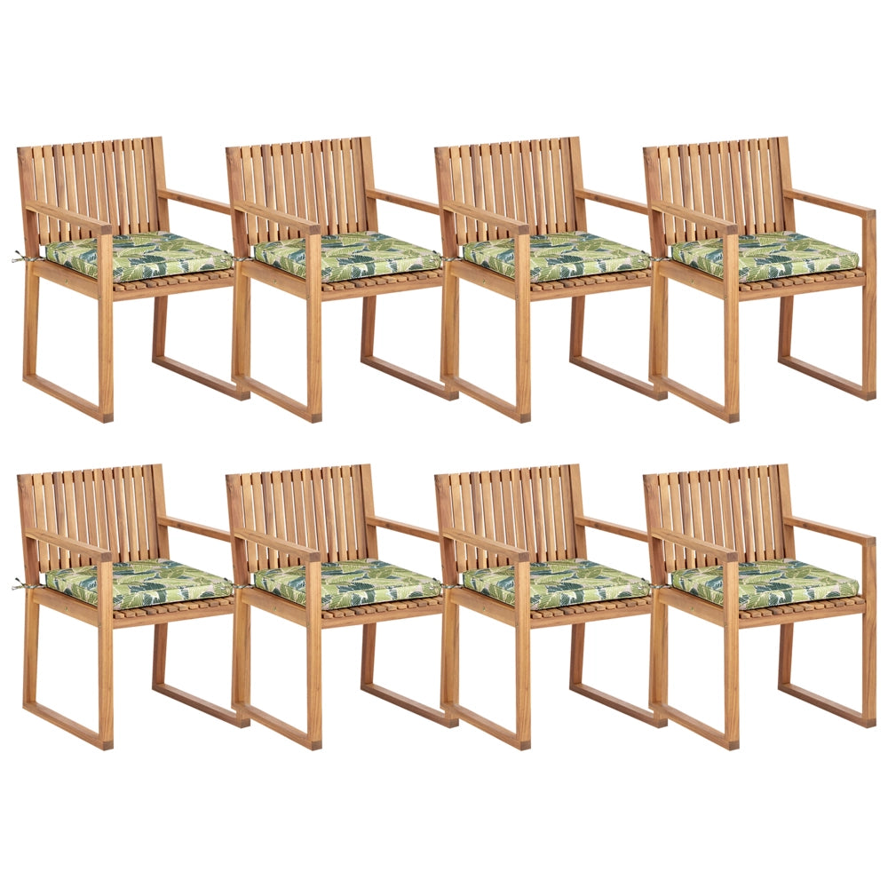 Set di 8 sedie da giardino in legno di acacia chiaro certificato con cuscini verdi resistenti all'acqua