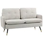 Divano 2 Posti in Tessuto Effetto Lino con Gambe in Acciaio e Cuscini Imbottiti, 139x68x80 cm, Bianco Crema