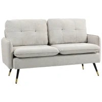 Divano 2 Posti in Tessuto Effetto Lino con Gambe in Acciaio e Cuscini Imbottiti, 139x68x80 cm, Bianco Crema