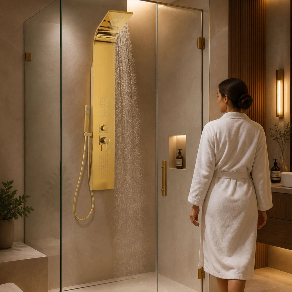 Colonna doccia attrezzata flower oro in acciaio gold con cascata h150xl20xp44 *** confezione 1