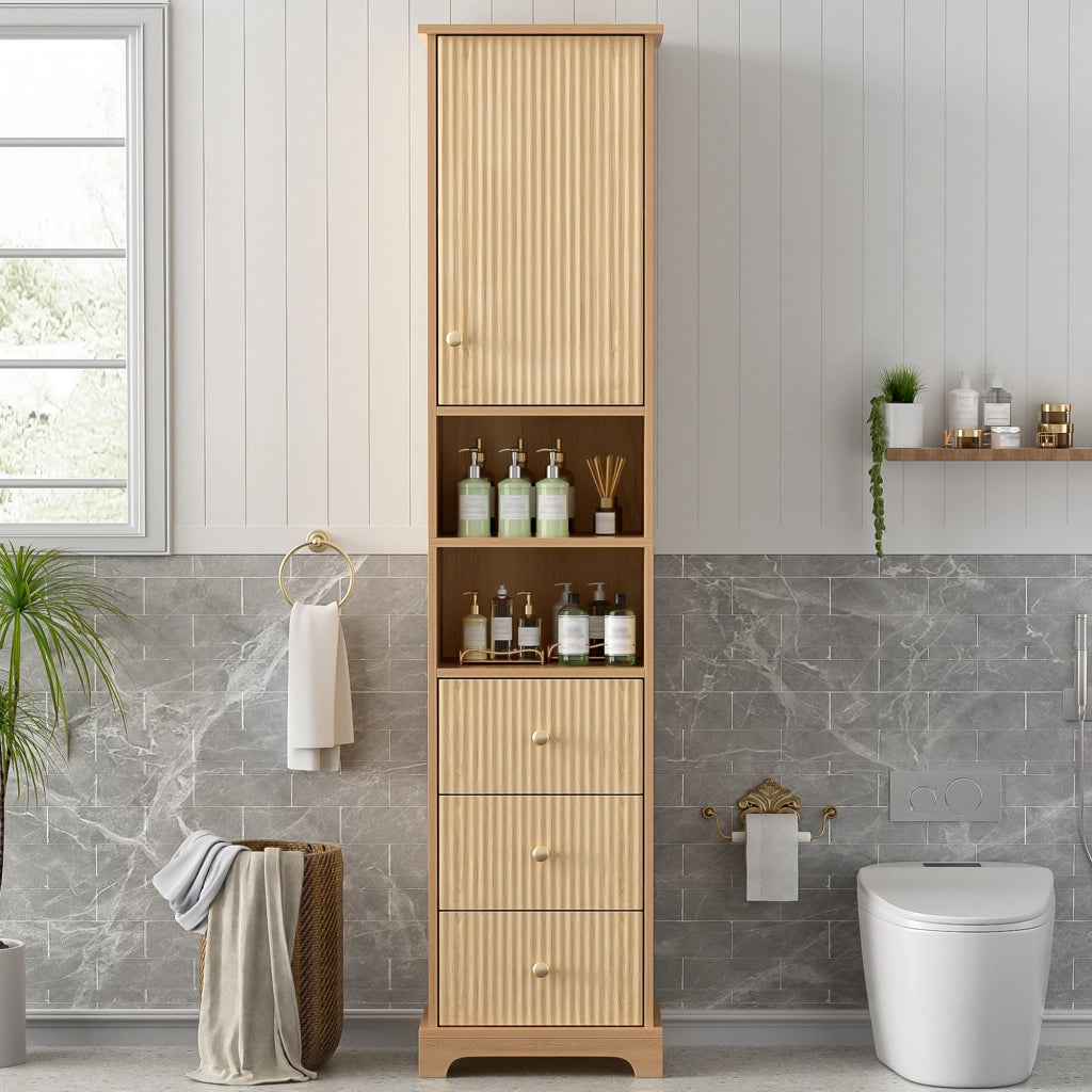 Armadietto da bagno con 3 cassetti, anta e 2 vani aperti, ripiano regolabile, in MDF naturale, 40 × 30 × 172 cm