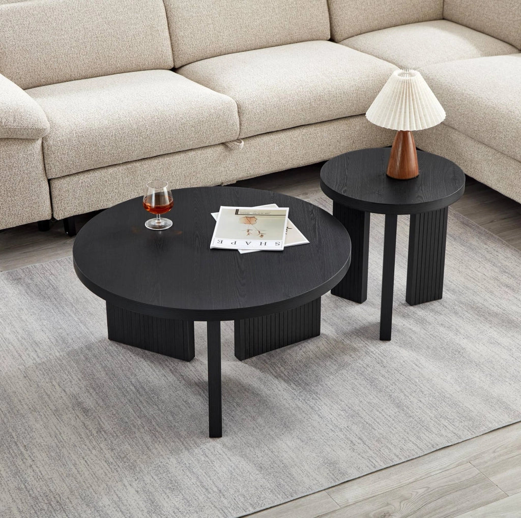 Set di 2 tavolini da salotto con struttura scanalata in MDF nero