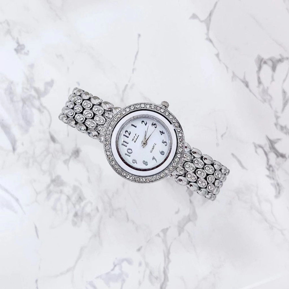 Trade Shop - Orologio Da Polso Donna Elegante Argento Con Cristalli Quadrante Bianco -