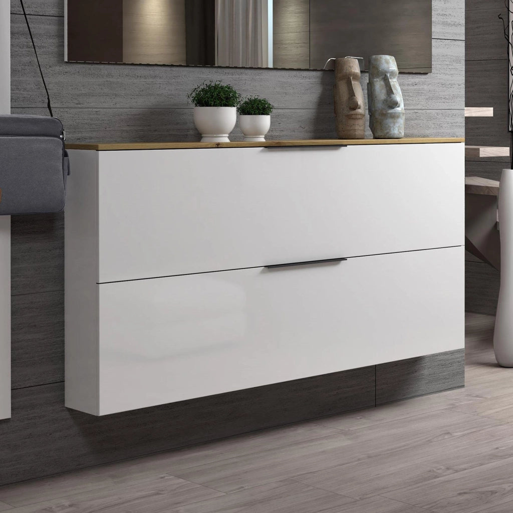 Mobile Portascarpe Achiko, Scarpiera 12 Paia Made in Italy, 160x19x80h cm Bianco Lucido