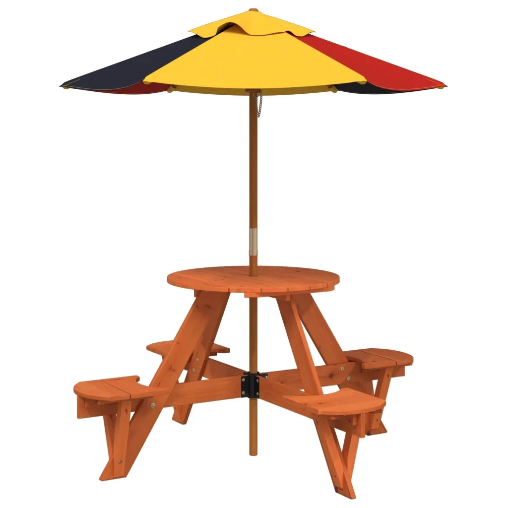 vidaXL Tavolo Picnic per 4 Bambini con Ombrellone Rotondo Legno Abete