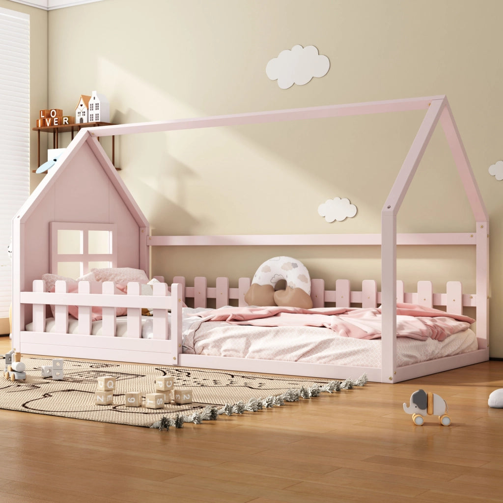 Letto per bambini a casetta rosa 90x200 cm in pino e MDF