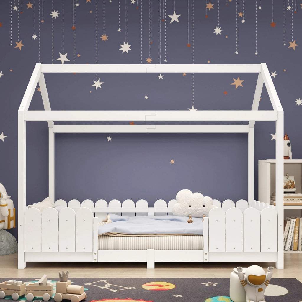Letto a casetta per bambini 90x200 cm bianco con rete