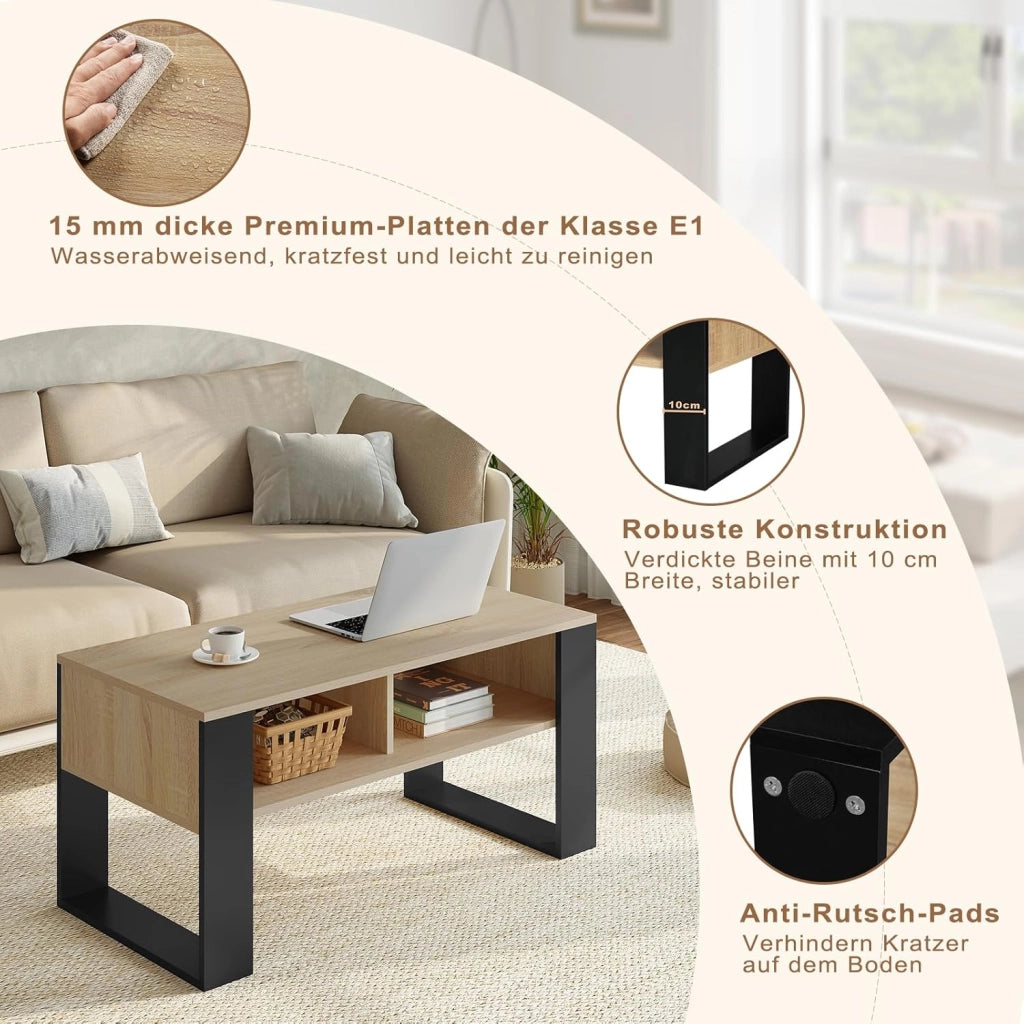 Tavolino da Salotto/Divano con 2 Scomparti Aperti, Tavolino Basso, Tavolo Laterale per Soggiorno, Camera da Letto, in Legno, Marrone Rustico + Nero, 90x45x45 cm, BTS16hov