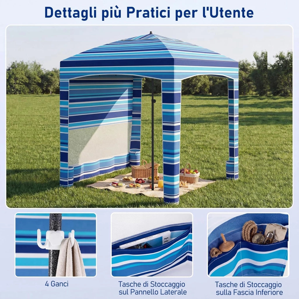 Tenda da Spiaggia Pieghevole, Tenda da Mare con Parete Laterale Rimovibile e Borsa Portatile, Regolabile in Altezza, per Spiaggia, Campeggio e Picnic (Blu Scuro+Bianco, 185 x 185 cm)