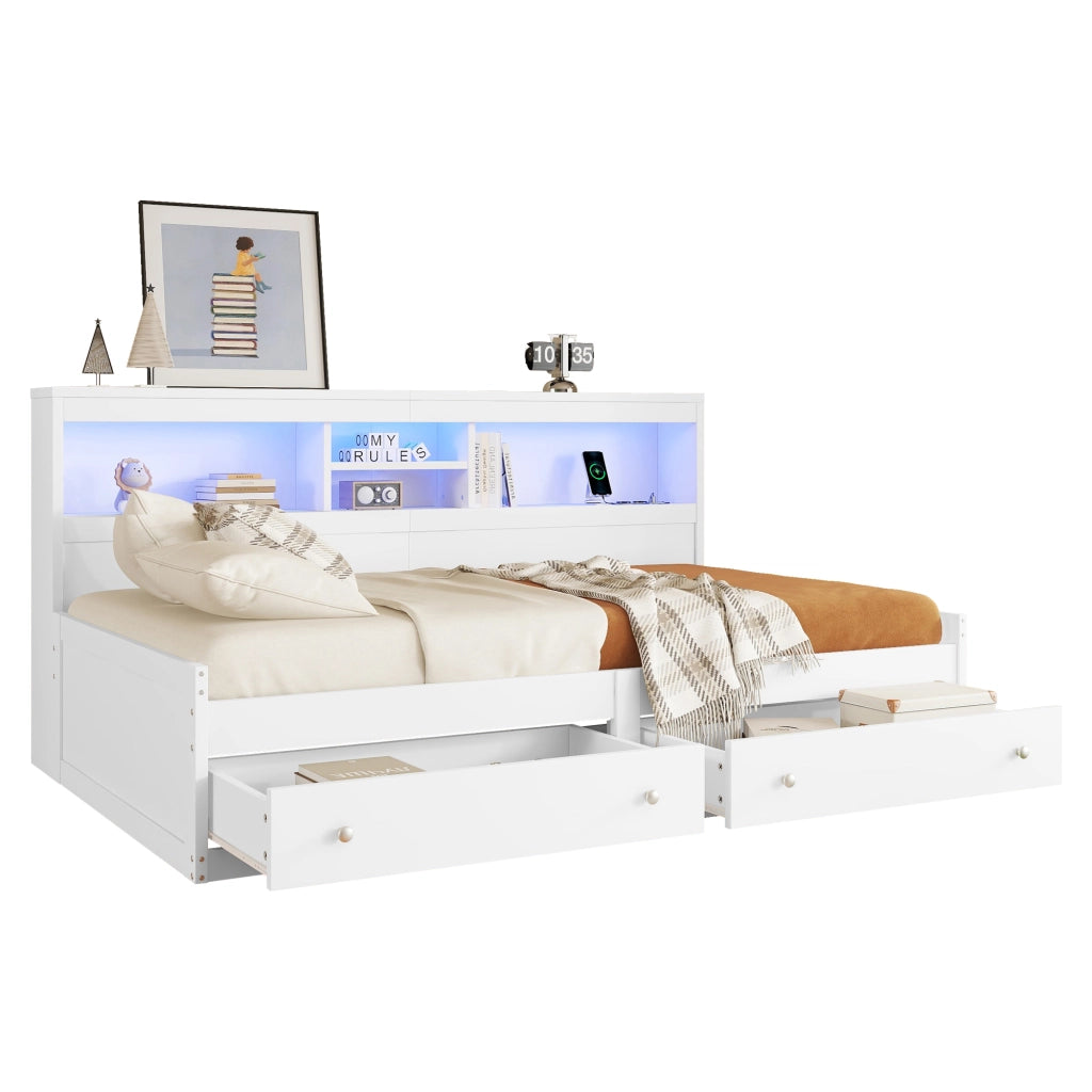 Letto divano 90 × 200 cm singolo con 2 cassetti, LED regolabile, 2 porte USB e 2 prese, senza materasso