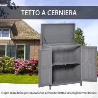 Armadio da Giardino a 2 Ripiani in Legno di Abete con Tetto Apribile, 74x43x88 cm, Grigio Scuro