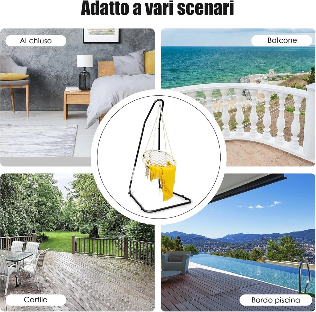 Sostegno per Sedia Sospesa Regolabile, Struttura Resistente con Gancio di Sicurezza, Carico Fino 150KG, Cuscinetti Antiscivolo, Perfetto per Camera da Letto, Patio, Cortile, Piscina, Veranda