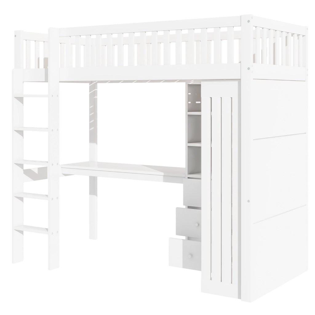 Letto a castello bianco in pino con scrivania armadio e 3 cassetti 90x200 cm