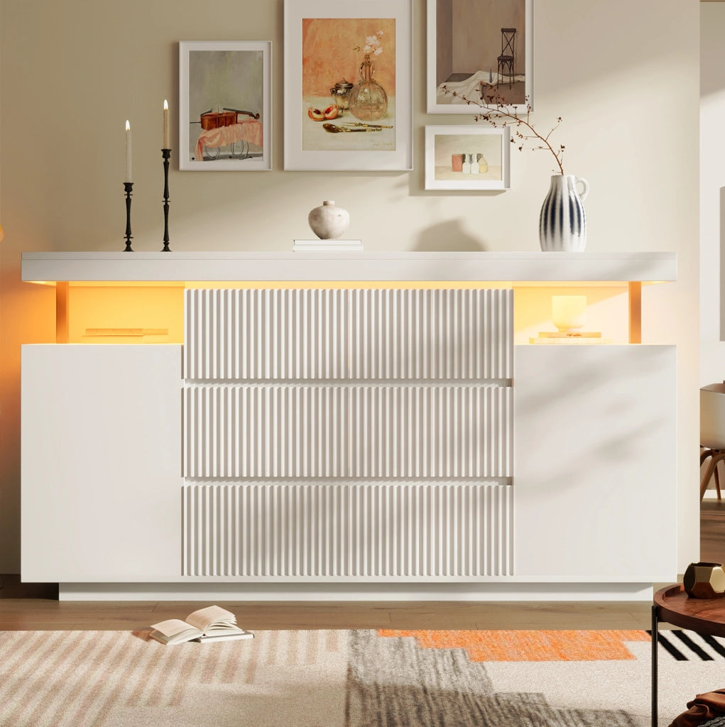 Credenza LED bianca 150 cm con 6 cassetti e 2 ante