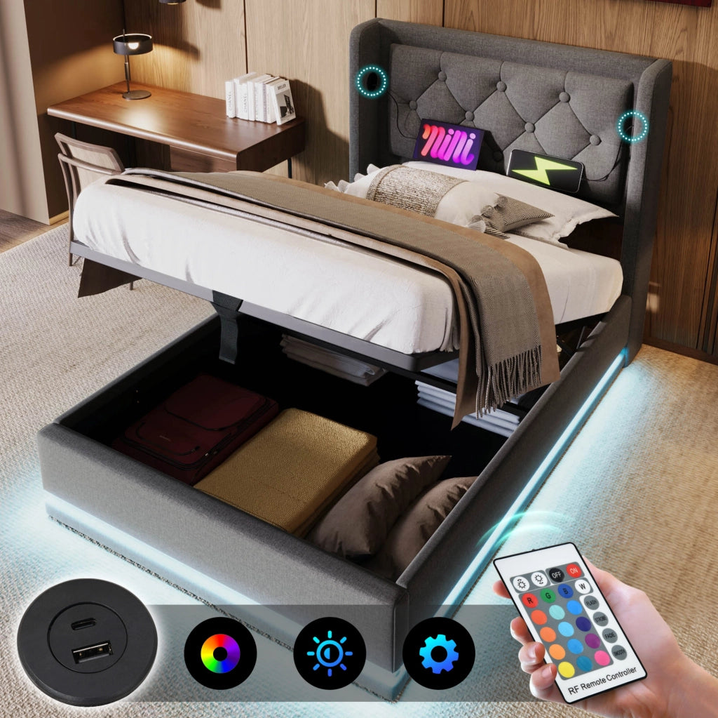 Letto singolo imbottito 90x200 cm in cotone grigio con contenitore; USB e LED