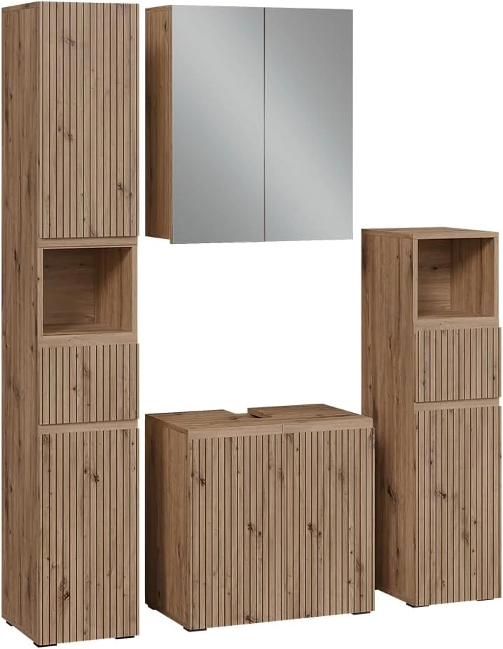 Set di mobili da bagno 3 pezzi Takumi, Artigiano, 60 cm, composto da mobile sottolavabo, specchiera e mobile medio