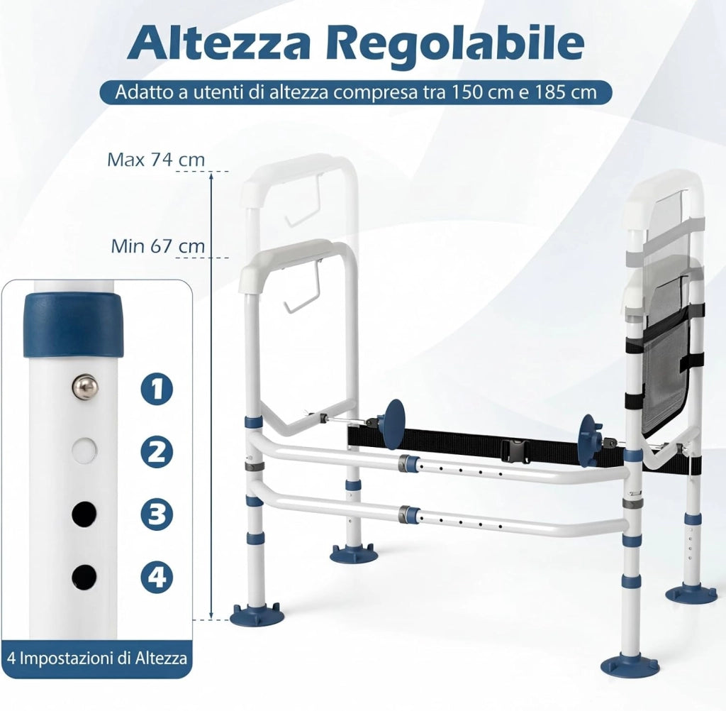 Supporto per WC per Anziani Portata 136 kg, Barra Bagno con Portarotolo e Tasca, Altezza e Lunghezza Regolabili, Corrimano di Sicurezza per WC per Disabili e Donne in Gravidanza