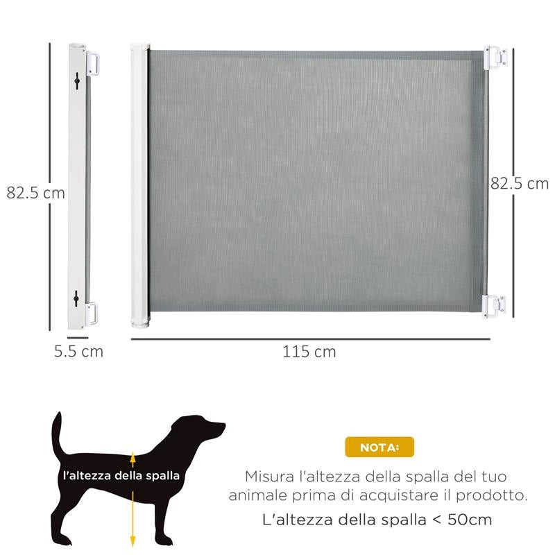 CANCELLINO PER CANI ESTENSIBILE FINO A 115 CM, IN POLIESTERE E ACCIAIO, 115X82.5 CM, BIANCO E GRIGIO